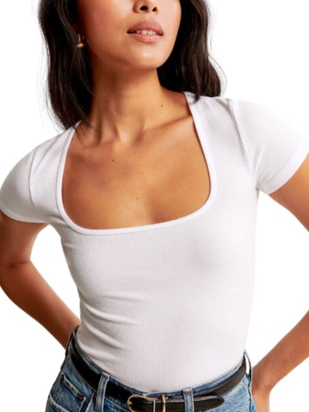 Abercrombie & Fitch White Square Neck Ribbed Tuckable Tee